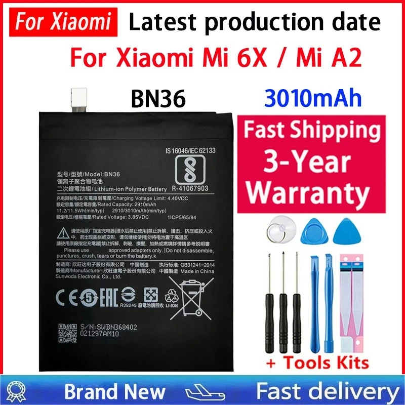 100% BN36 3010mAh Battery For Xiaomi Mi 6X Mi6X Mi A2 MIA2 BN36 Phone Replacement Batteries +Tools