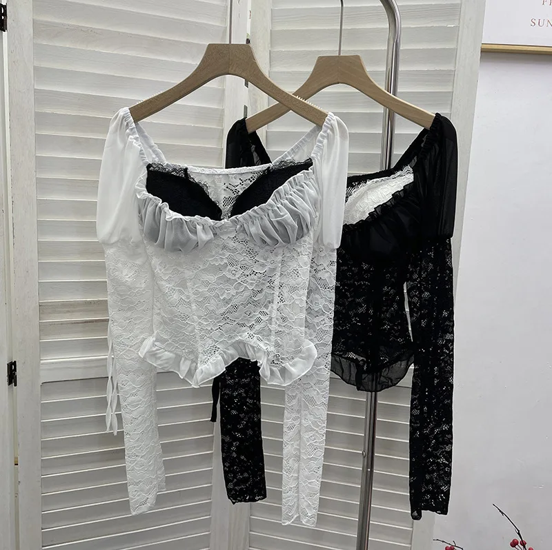 

2026 Spring New Women's Sexy Low-cut Long-sleeved Lace Shirt with Chest Pads Slim-fitting Fungus Edge Y2k Top