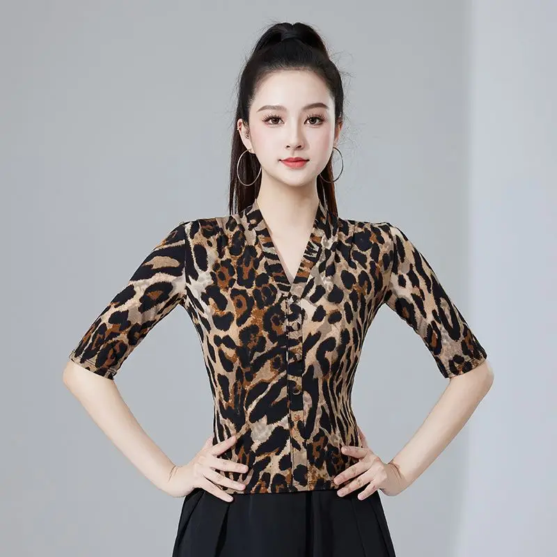 Danza latina Top monopezzo Donna Adulto Danza moderna Scollo a V Stampa leopardata Pratica Performance Costume Ballo da sala