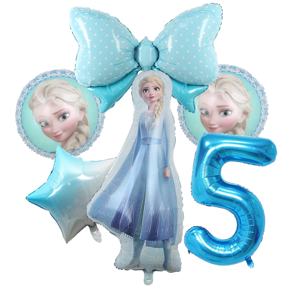 6pc Disney Frozen Princess Theme Foil Balloons Wave Point Pink Blue Bow Balloons Girls 1-9th Birthday Baby Shower Toys Globes