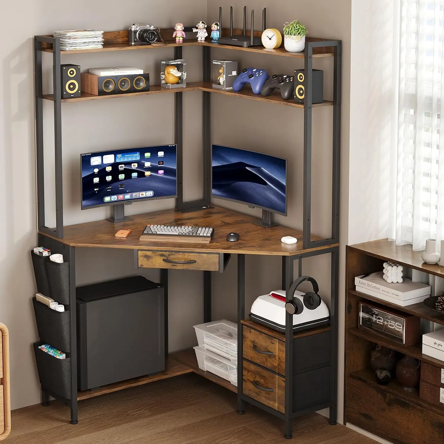 Corner Desk with Drawers Shelves, Office Desk with Hutch, Triangle Corner Gaming Computer Desk with Storage Bag, Power Outlets