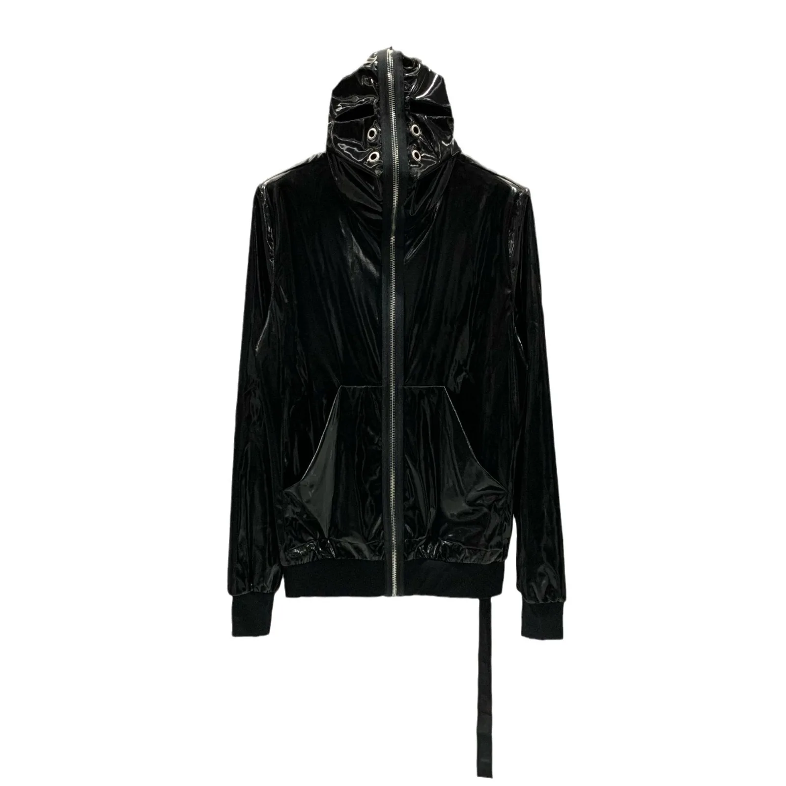 PFNW Runway Style Men\'s Darkwear New Glossy Zipper Hooded Black Jacket Unisex Long Sleeve Flutter Masked Coat Tide 2024 28W5607