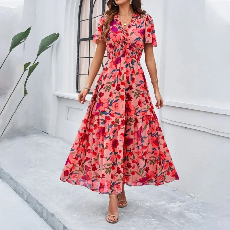 

Women's Summer Clothes Print Casual Elegant High Waist Dress Temperament Commuting Female Fashion Flare Sleeve A-line Dresses