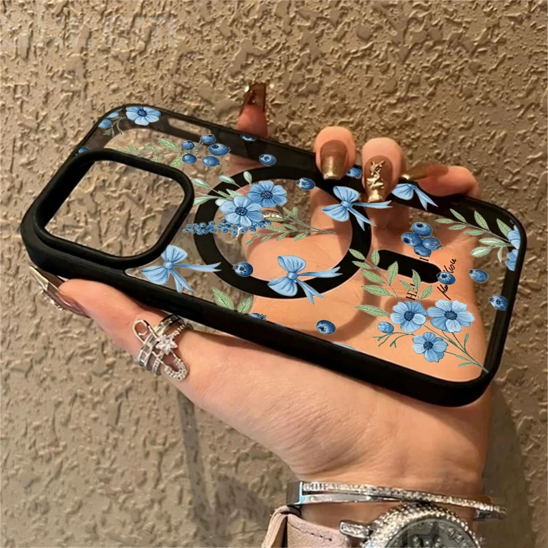 Blaubeer-Blumenmuster Transparente Hülle für iPhone 17 14 12 Pro Max 13 16 15 Plus 11 Hüllen für Magsafe Kabelloses Laden Stoßfeste Schutzhülle – Detail 12