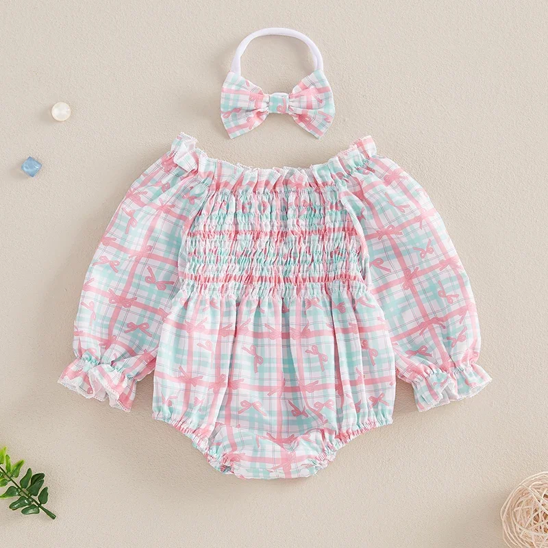 Newborn Baby Girls Rompers Floral/Bowknot Print Long Sleeve Ruffles Pleated Jumpsuits Headband Outfits Newborn Clothes