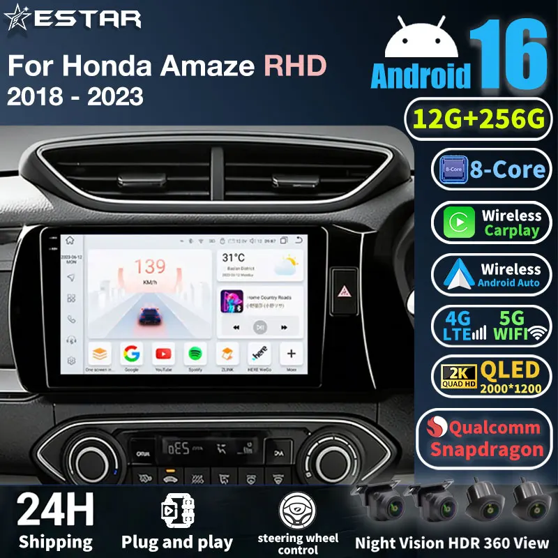 Android 16 Car Radio For Honda Amaze 2018-2023 (RHD) GPS Multimedia Player Navi Head Unit Wireless Carplay 360 Camera DSP Stereo