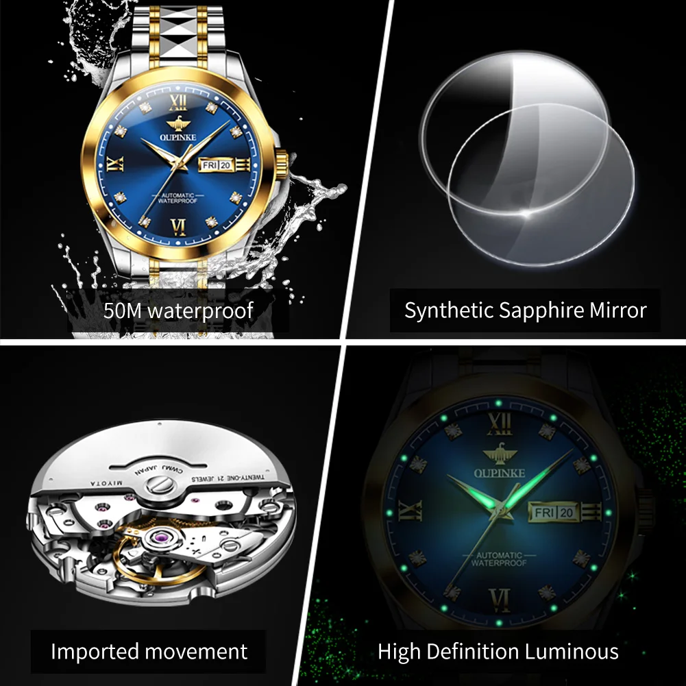 OUPINKE, reloj para hombre 3262, marca superior de lujo, reloj mecánico automático de acero de tungsteno, relojes con fecha semanal resistente al agua hasta 50M para hombre