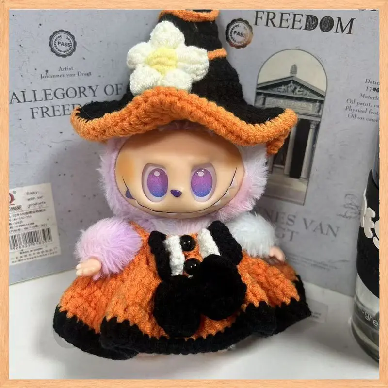 

For Labubu Fits 17cm1/2/3gen New Handmade Crochet Halloween Labubu Outfit Pumpkin Ghost Dress Hat Monster Set