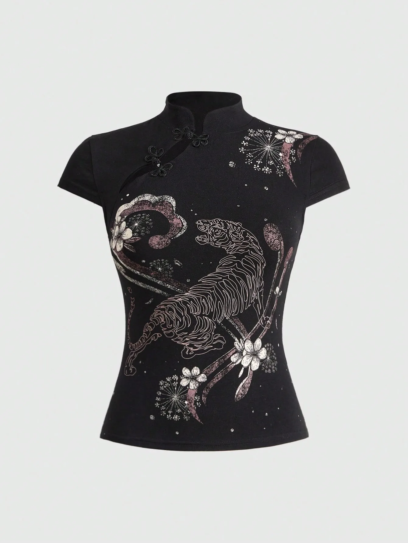 Y2K New Chinese Style Cheongsam Top Women Mandarin Collar Frog Fastener Tiger Flower Printed Cap Sleeve Slim Fitted Short Tee
