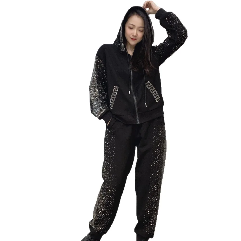 Traje deportivo de otoño para mujer, cárdigan con cremallera, chaqueta con capucha, sudaderas con diseño de diamante caliente, pantalones, ropa informal, conjunto de dos piezas