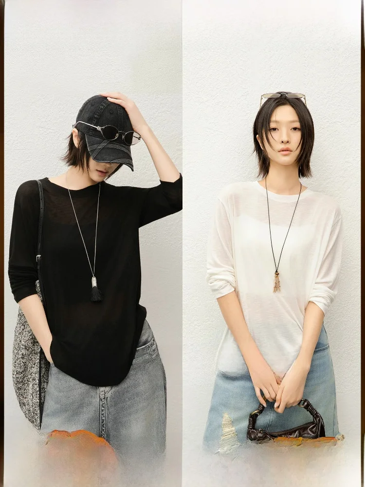 

Breathable Lightweight Long Sleeve T-Shirt Modal Cotton round Neck Casual Comfortable Women's Top Meiyang Air Conditioner