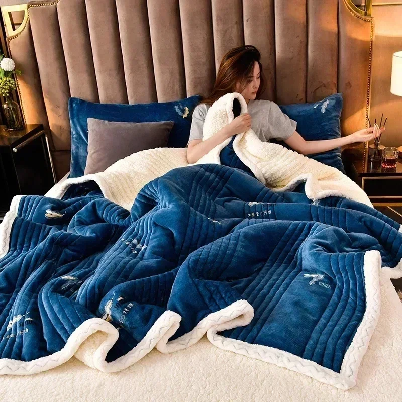 Blue Embroidered Sherpa Fleece Blanket Super Soft Warm Cozy Plush Throw Blanket for Bed Couch Elegant Bedroom Home Decor