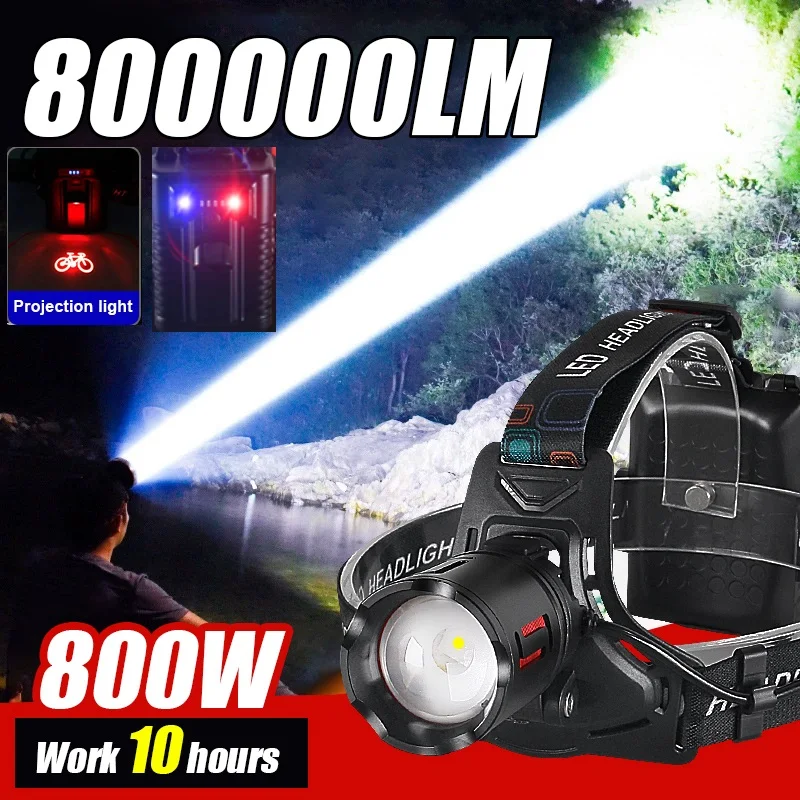 

800000LM Ultra Powerful Head Lamp with Projection Light Rechargeable Headlight Zoomable Front Led Head Flashlight Outdoor Riding