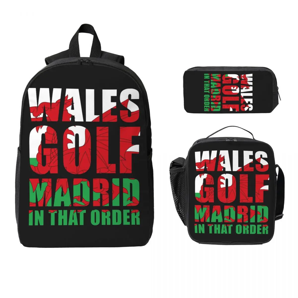 

WALES GOLF MADRID Backpack Student Boys Girls BookBag School Bag Computer Shoulder Bags 3ps Insulated Lunch Bag Pencil Case
