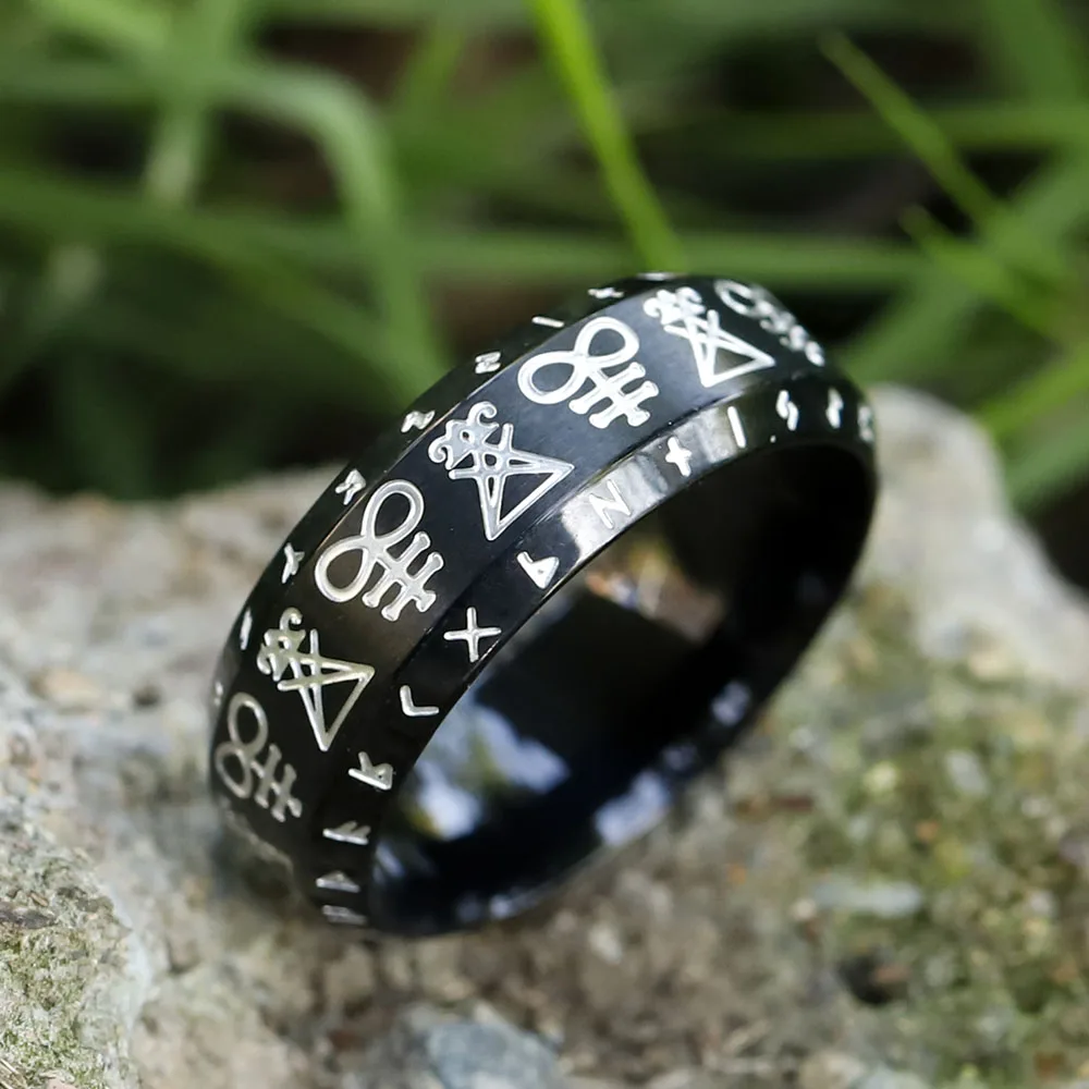 new Gothic viking rune Lucifer Satan Seal of Satan Signet Rings Punk Stainless Steel ringMen and Women Pagan Jewelry Party Gift