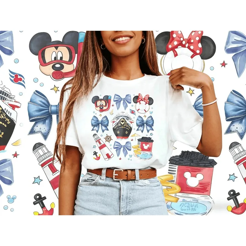 2026 Disney Cruise Mickey Shirt Summer Fashion Bow Watercolor Wish Treasure Dream Shirt Cotton Large Size