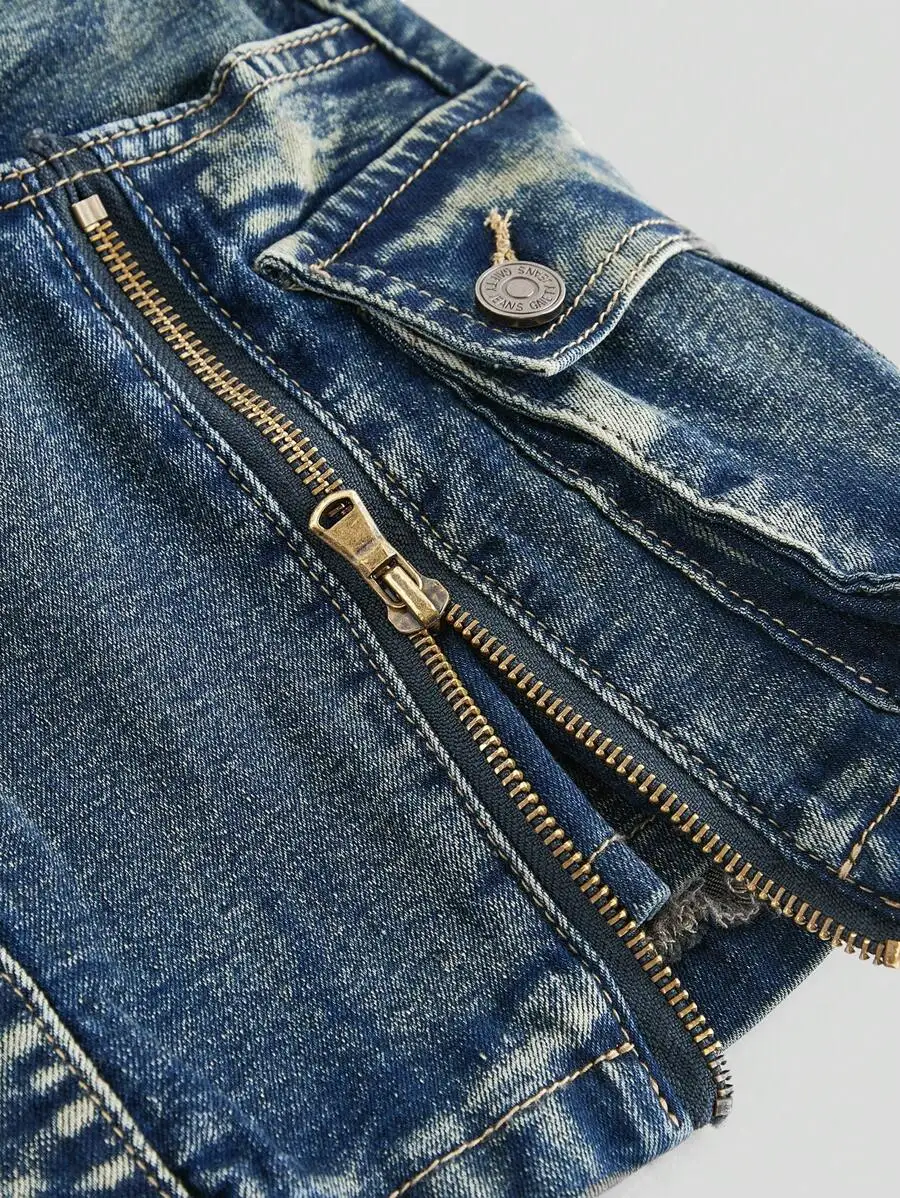 ダメージ加工ジッパー付きカーゴミニデニムスカート（ボタンフロント）