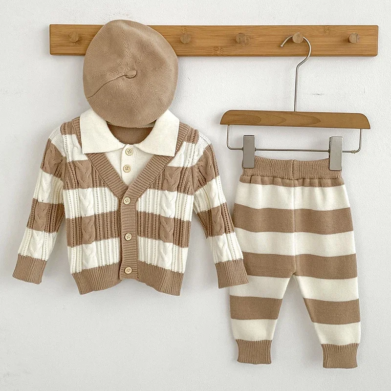 

Новинка 2023 года, осенний комплект одежды для новорожденных девочек, вязаный пуловер в полоску с длинными рукавами + штаны, одежда для маленьких девочек, вязаный костюм