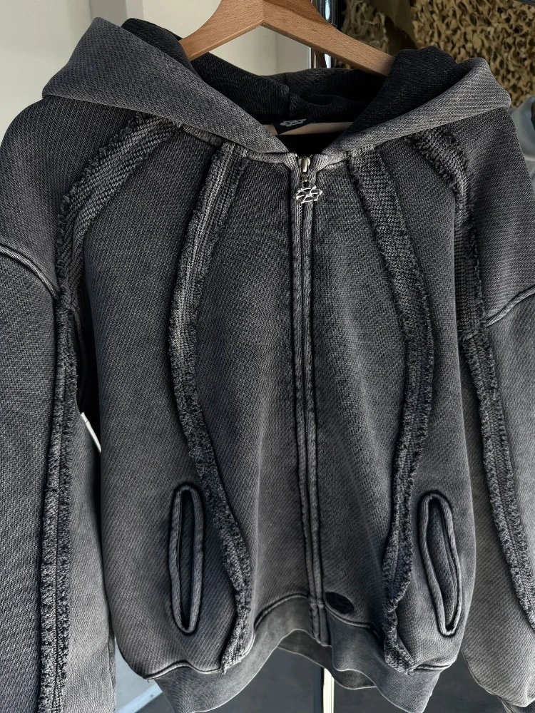Personalized printed hooded sweatshirt for men and women, American fashion clothing, cardigan with zipper and open thread cuttin