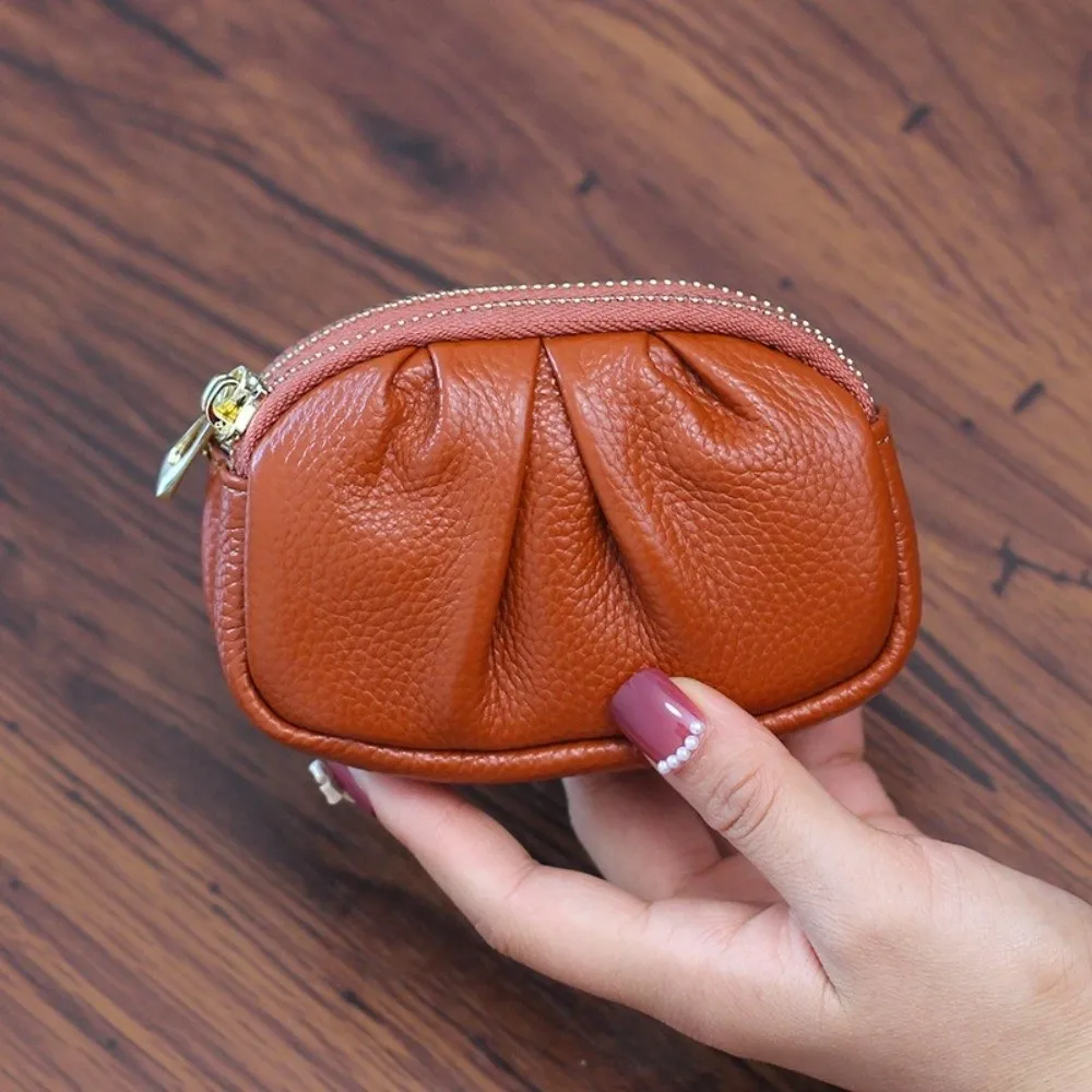 Elegant Wrinkle Mini Wallet Zipper Solid Color PU Leather Coin Purse Multifunctional Double-layer Card Holder Gift