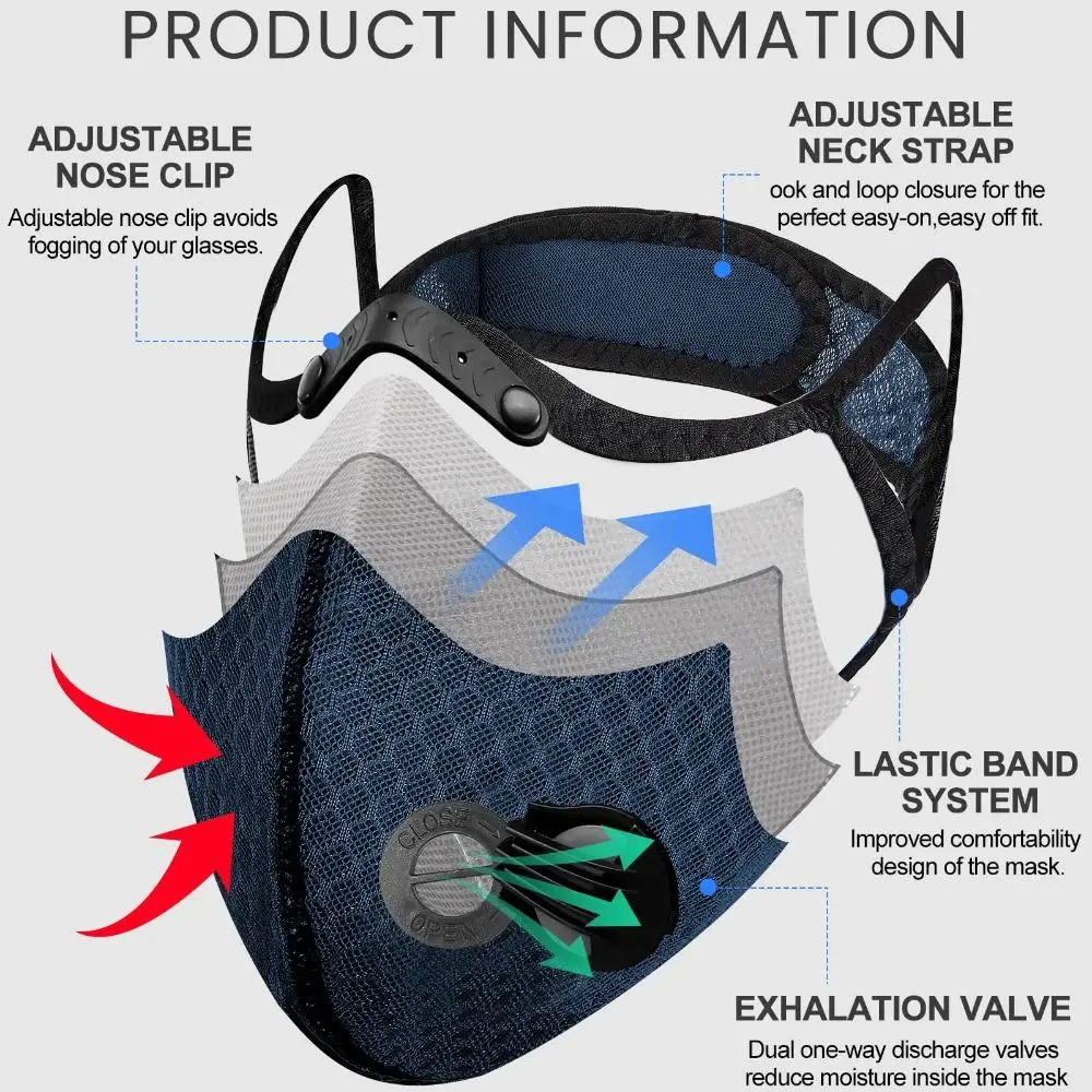Oddychająca Ergonomiczna Maska Przeciwpyłowa Zacisk na Nos Respirator Wielokrotnego Użytku Regulowana Filtry z Węglem Aktywnym Jazda na Rowerze