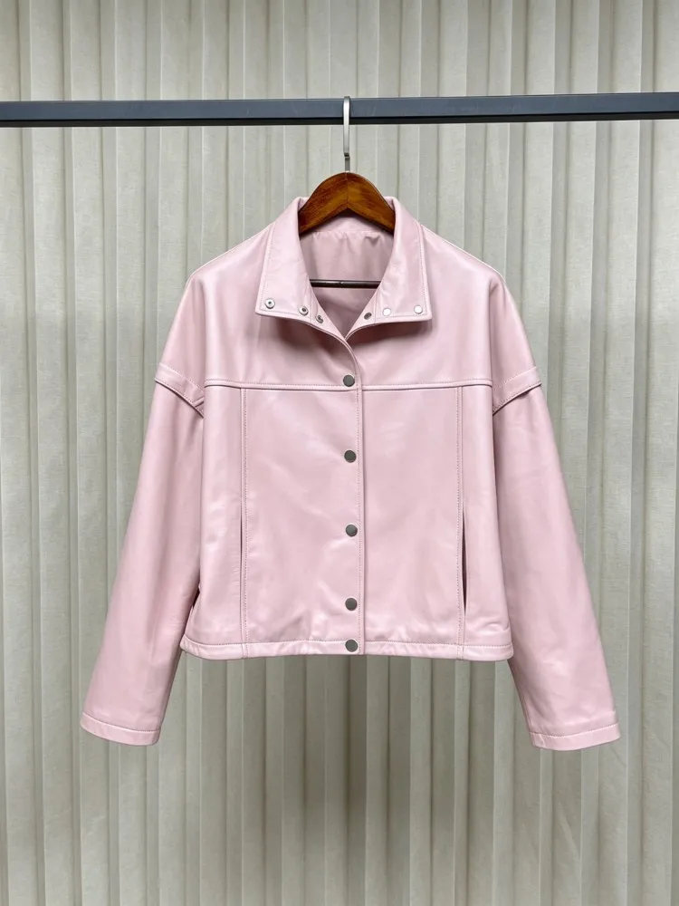 Stand Collar Women Genuine Leather Jacket Single Breasted Autumn Loose Fit Casual Motorcycle Short Coat Solid Sheepskin Outwear