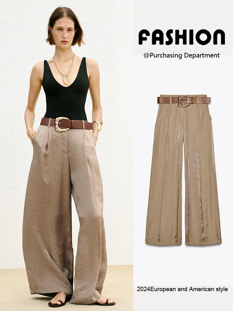 Nieuwe Dames Zijde Satijn Wijde Pijpen Casual Broek Herfst 2025, Faion Commute Sle Riem Inbegrepen Kwaliteit Stof Lange Broek