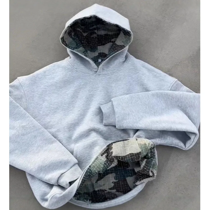 

Winter New Classic Fashion Hooded Long Sleeve Camouflage Handsome Gray Front and Back Wear Casual Sweatshirt Loose Version
