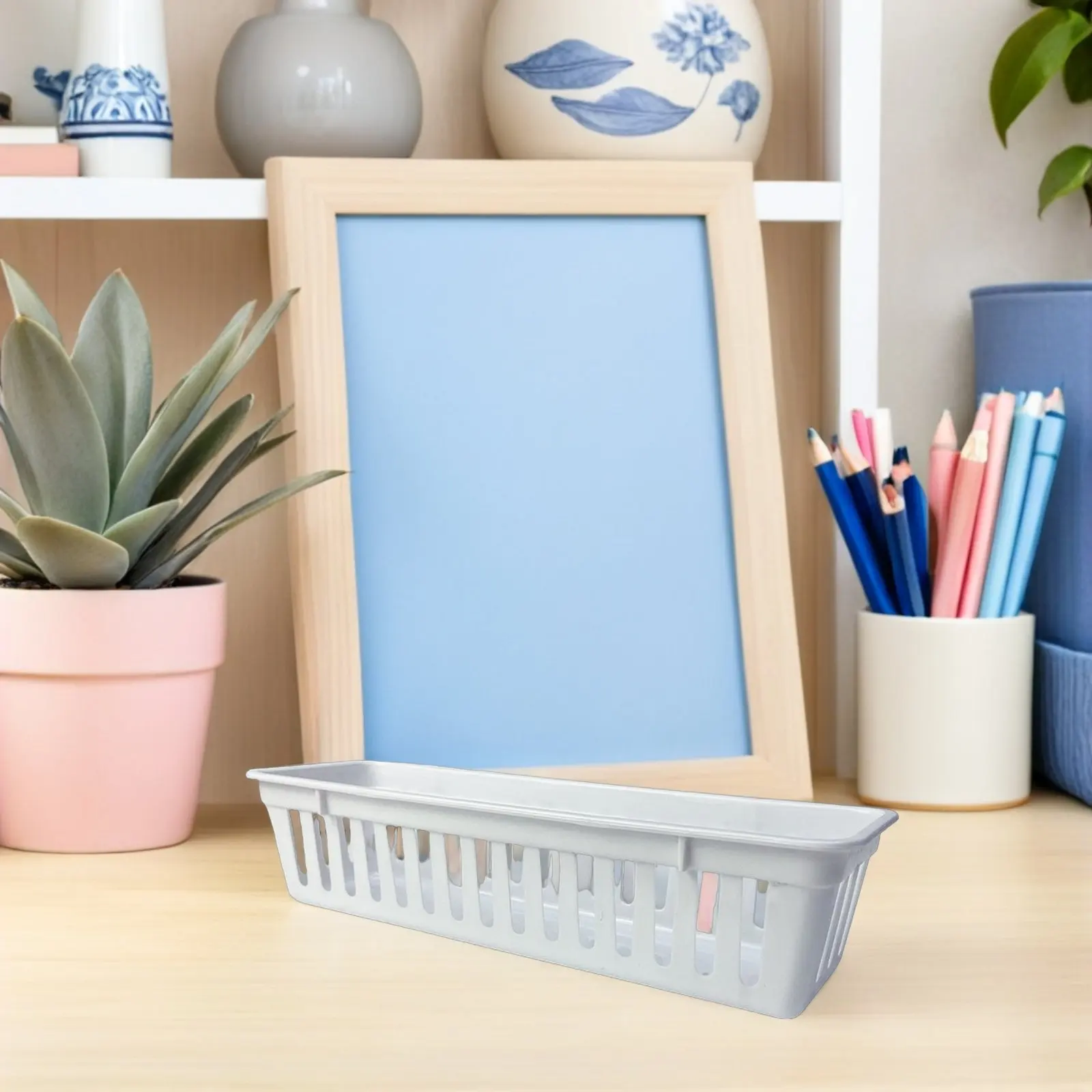 

12Pcs Plastic Storage Basket Classroom Stationery Organizer Pencil Crayon Holder Desktop Pen Organizer Desk Baskets