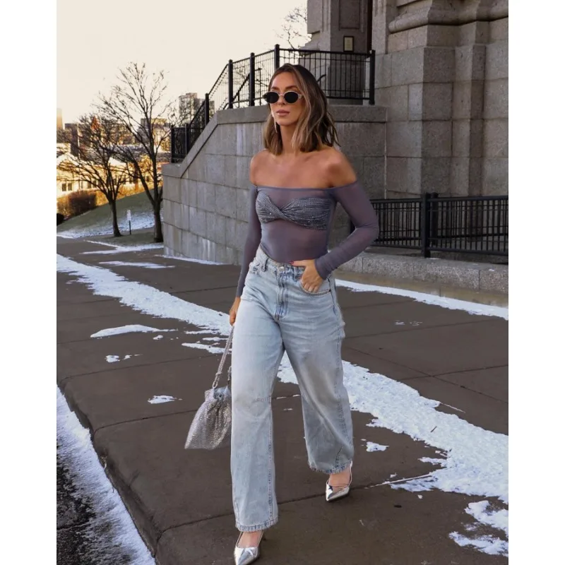 Top corto transparente de malla para mujer, camiseta Sexy con lentejuelas y hombros descubiertos, camiseta transparente de manga larga, ropa de calle para discoteca