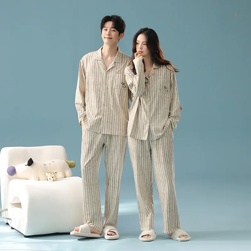 

Autumn Winter Retro Striped Long Sleeved Pajamas Couple Pure Cotton High-end Style Home Suit Casual Long Sleeved Sleep & Lounge