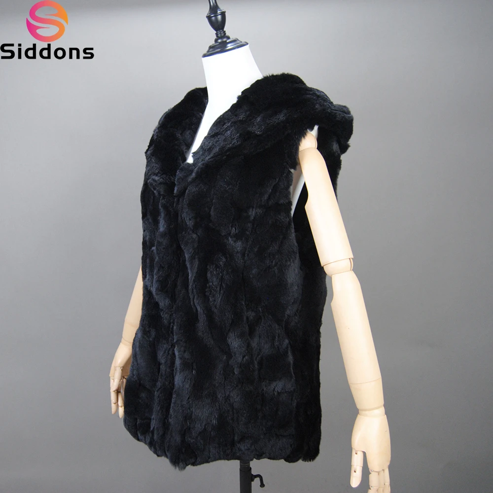 

Fashion Women Hooded Fur Coat Beige Rex Rabbit Fur Vest Sleeveless with Hood Winter Rex Rabbit Fur Waistcoat 100% Real Fur Vest