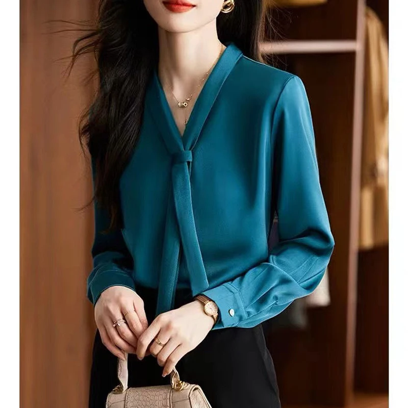 Women Fashion Bow Tie Chic Elegant Blouse Autumn Office Lady Business Casual Shirts Solid V Neck Long Sleeve Tops Chiffon Blusas