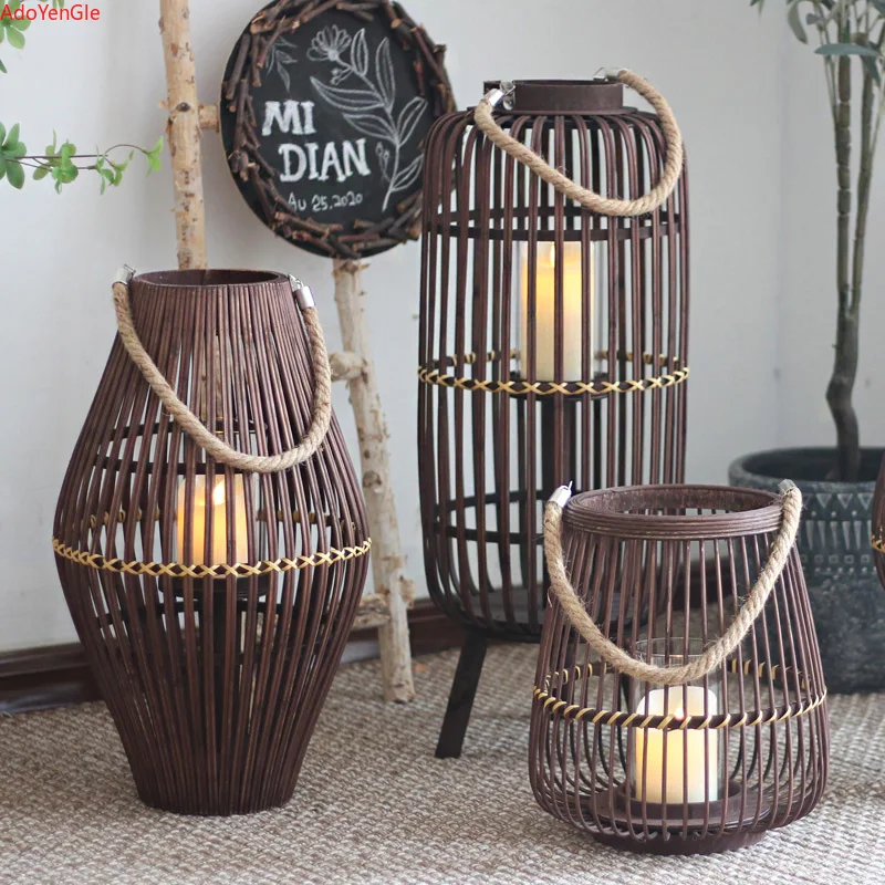 

Wood bamboo Lantern Candle Holder Luxury Garden Nordic bird cage Hanging candle stick holder wedding Party Decor centerpieces