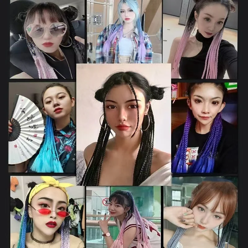 Rabo de cavalo sintético de 24 polegadas, cor gradiente, trança suja, com faixa de borracha elástica, extensão de cabelo, caixa de arco-íris, rabo de cavalo trançado para meninas