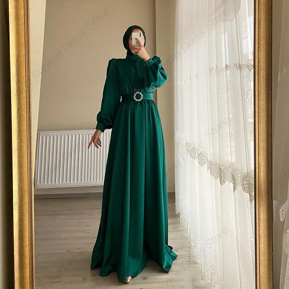 Grün Silk Stretch Satin Abendkleider für Dubai Kaftan Volle Hülse Prom Kleider Marokkanischen Vestido De Noche 2023 Sommer Neue