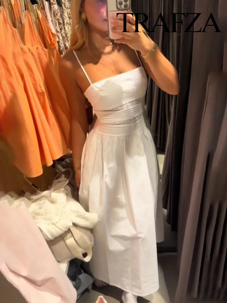 

TRAFZA Women Dress Pleated Back Zipper Embroidery Decoration Dresses Female Summer Backless Sleeveless Beach Style Sling Dress