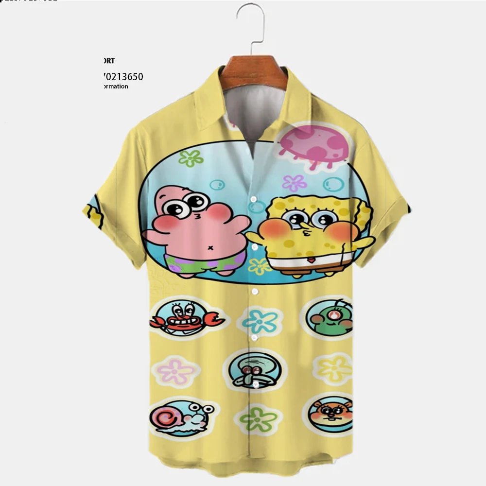 Fashion Harajuku Street SpongeBob SquarePants Anime New Summer Casual Shirt Trendy All-match Men's Lapel Short-sleeved Shirt