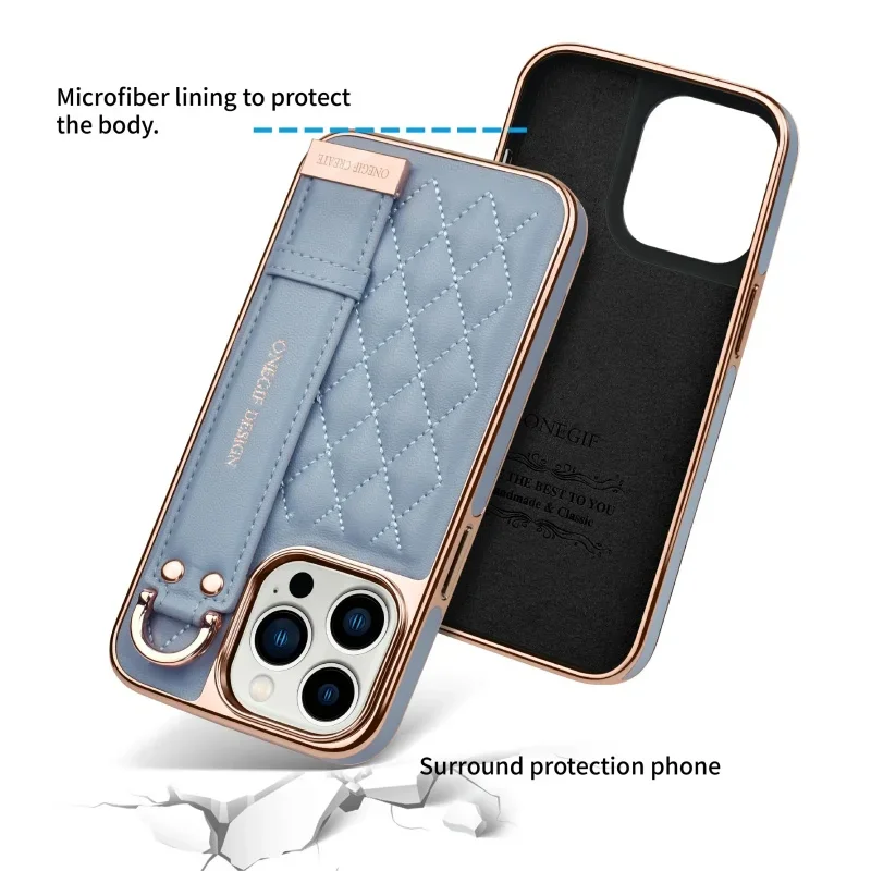 High Quality Leather iPhone Case with Bracket Wristband Suitable For 15 14 13 12 Pro Max IPhone 16 Pro Max PlusFull Phone Cover