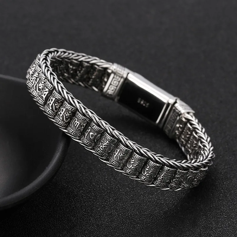 ornament personality six words mantra barrel beads rotating bracelet Thai silver domineering men bracelet fashion