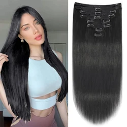 Extensiones de cabello humano con Clip para mujer, extensiones de cabello liso sedoso, doble trama, cabello humano grueso, 12-26 pulgadas