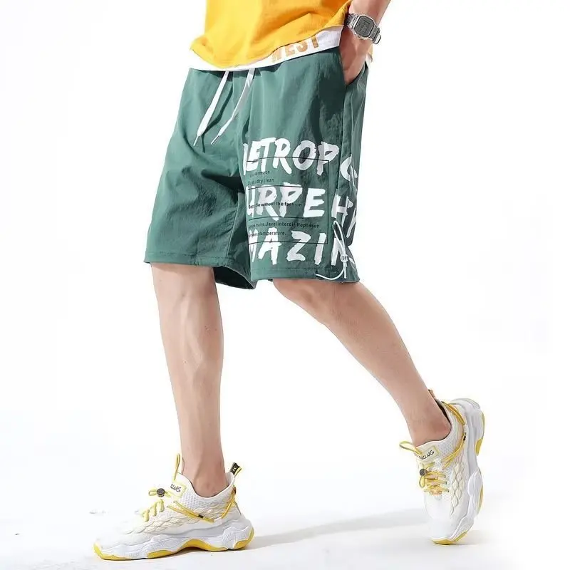 Letter Shorts Men Wide Leg Loose Sporty All-match Simple Daily Elastic Waist Knee Length Summer Korean Style Handsome Outdoor