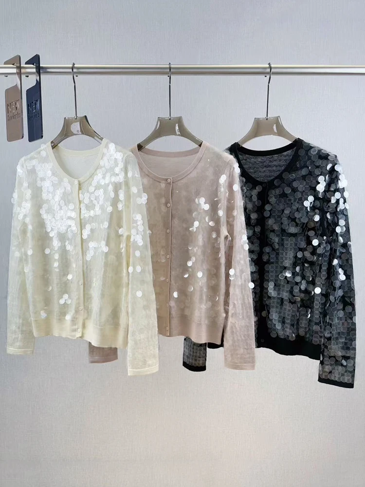 

Стильный и элегантный вязаный кардиган с пайетками, полностью из чистой шерсти, с длинными рукавами, новинка весенней коллекции 2026 года.