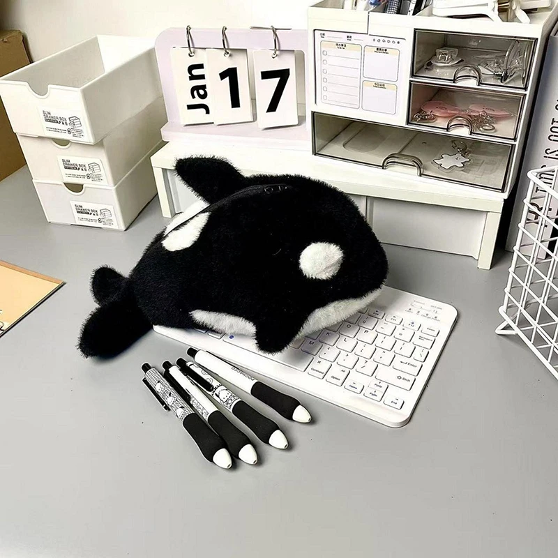 ●Cartoon Plush Killer Whale Pen Bag Large Capacity Stationery Bag Student Gift For School Office Funny Pencil Case view 2