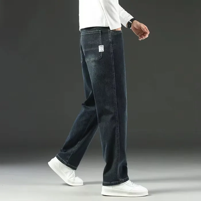 Autumn Winter  Brand New High Waist Jeans Classic Business Casual Office Men\'s Fashion Stretch Slim Denim Jeans Navy Blue