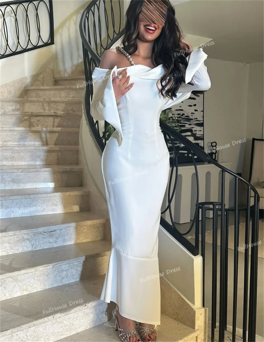 العرف بسيط قارب طوق متقاطع ثوب مسائي مثير غمد عارية الذراعين الكاحل طول فستان الحفلات مع كم طويل الجلباب دي