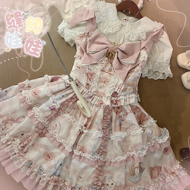 Sewing Doll Sweet Lolita Jsk Dress Party Cartoon Cute Print Suspenders Dress Japanese Summer Girl Kawaii Party Strap Dresses