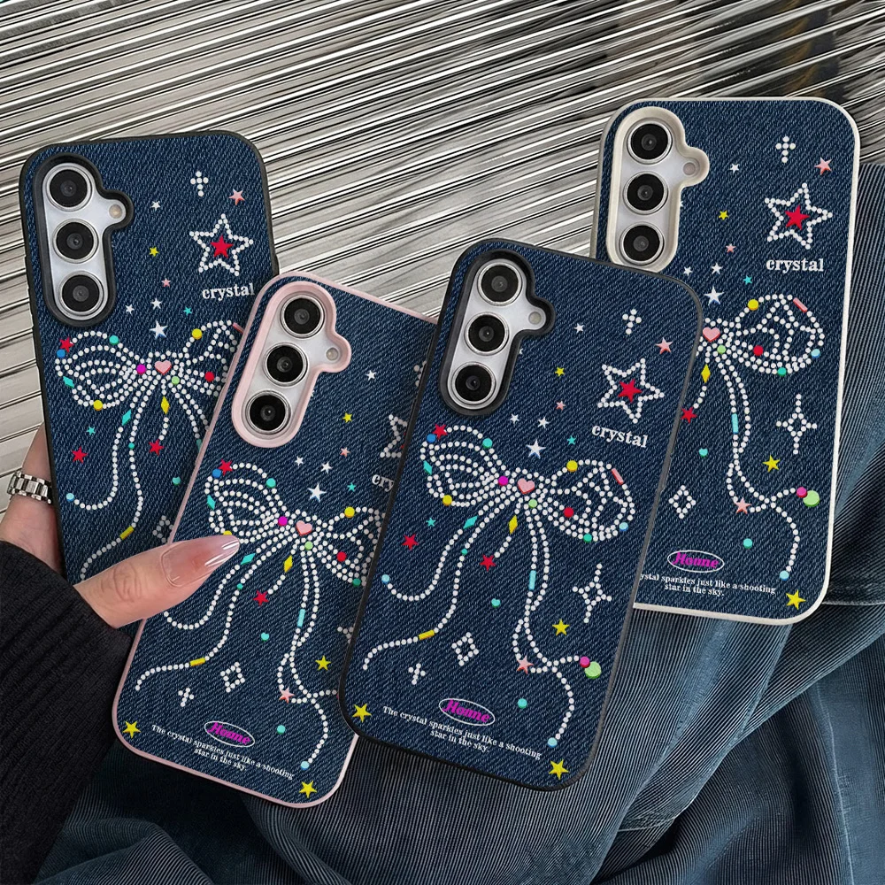 Phone Case for Samsung Galaxy S26 S25 S23 Ultra S24 FE A57 A56 A55 A54 5G A07 A06 4G Cases Denim Texture Crystal Rhinestone Bow