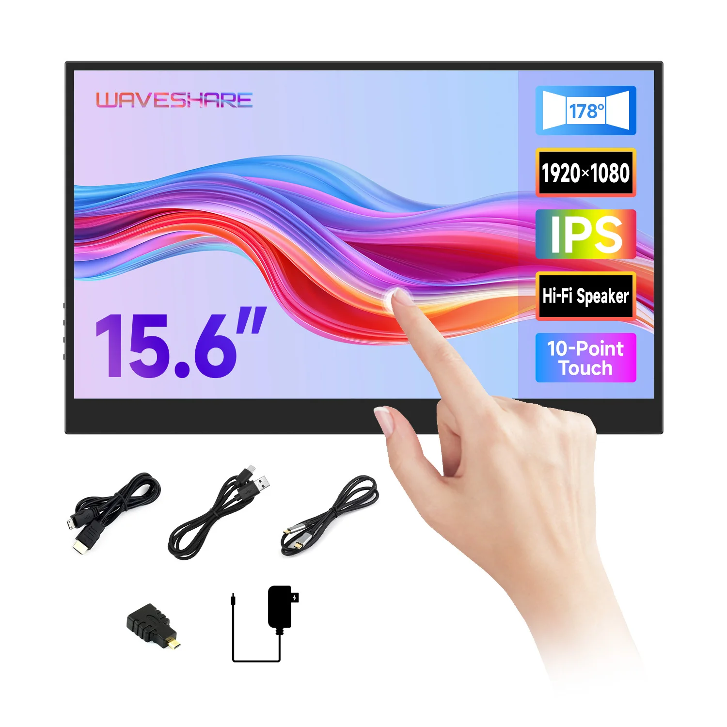 Wveshare 15.6inch 10-Point Capacitive Touch Monitor (C), 1920 × 1080 Full HD, IPS screen,Type-C / mini HDMI Display Interface