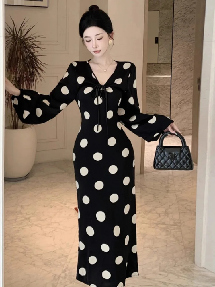 Topanoma Evening Dresses Women Sexy Elegant Drawstring V Neck Lantern Long Sleeve Polka Dot Cocktail Dress Party Birthday Ladies